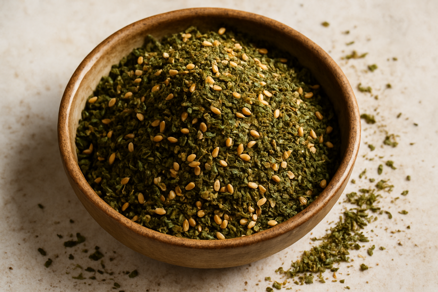 Handcrafted za’atar blend in a ceramic bowl